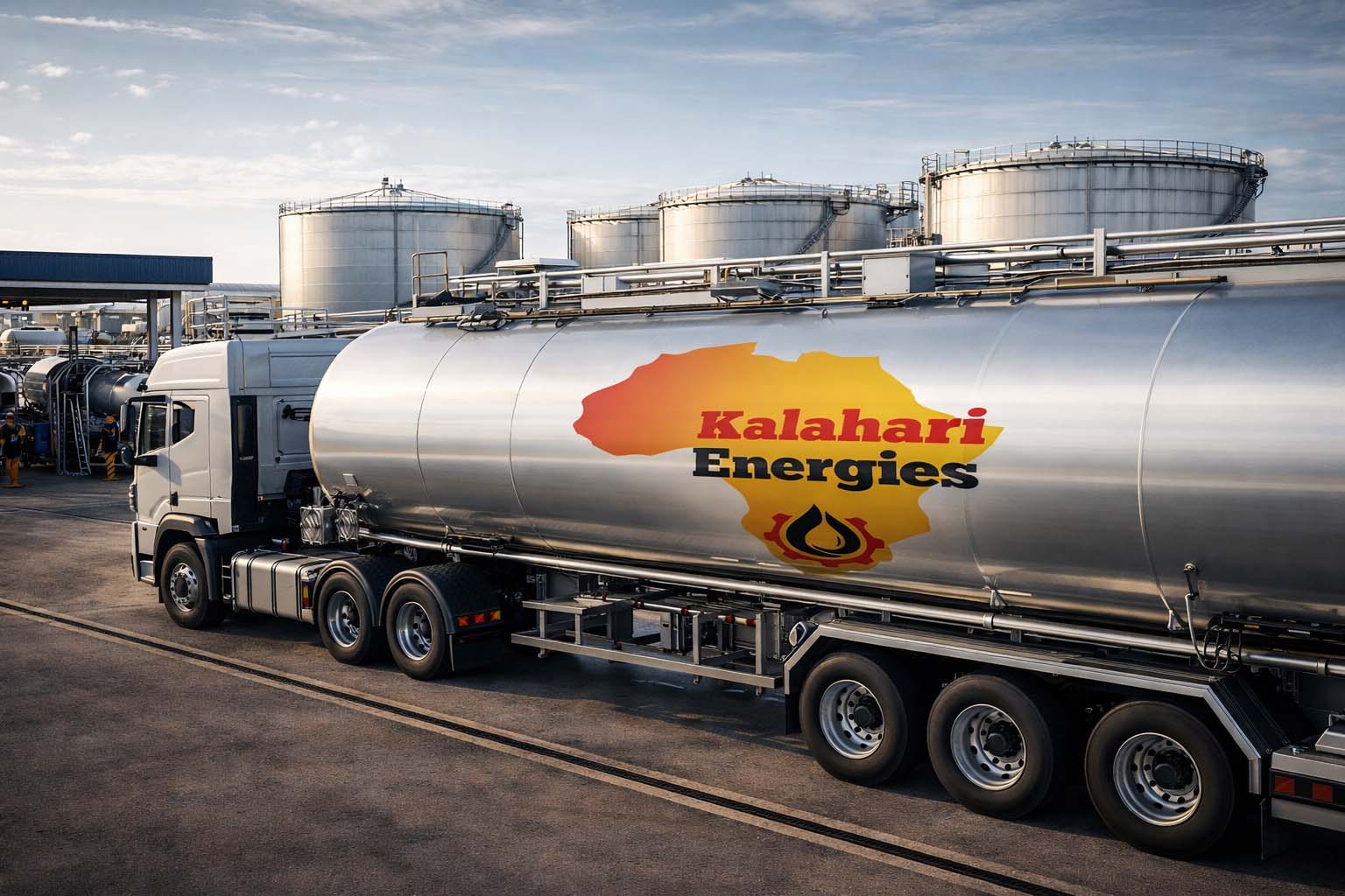 Kalahari Energies branded fuel tanker truck at a professional petroleum storage facility.
